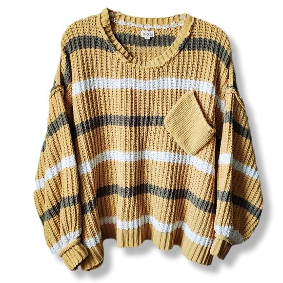 Pol Women Chunky Cozy Yellow Stripe Knit Sweater M Oversize Boxy Cabincore Fall - Picture 1 of 7